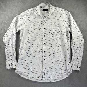 David Donahue Dress Shirt Mens Large White Blue Shark All Over AOP‎ Button Up